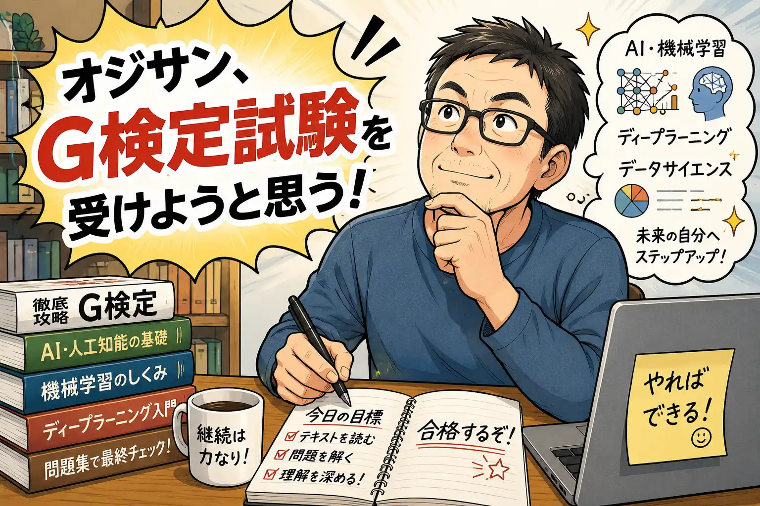 オジサンがG検定の勉強を始めるマンガ風イラスト