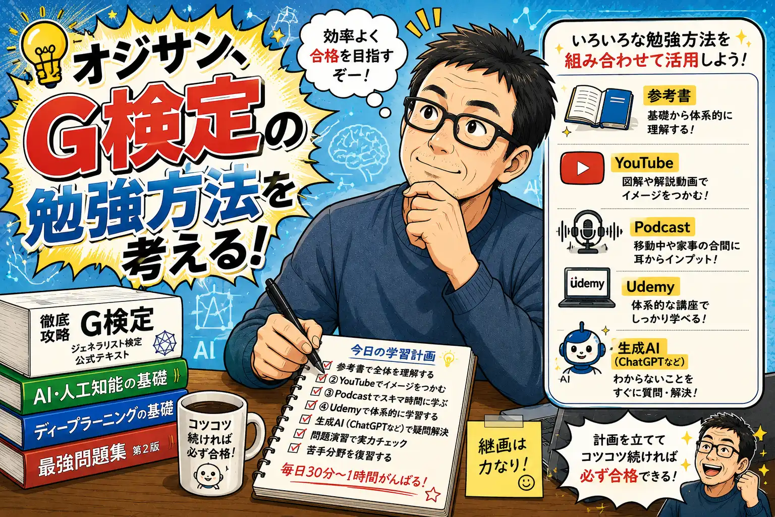 オジサンがG検定の勉強方法を考えるマンガ風イラスト