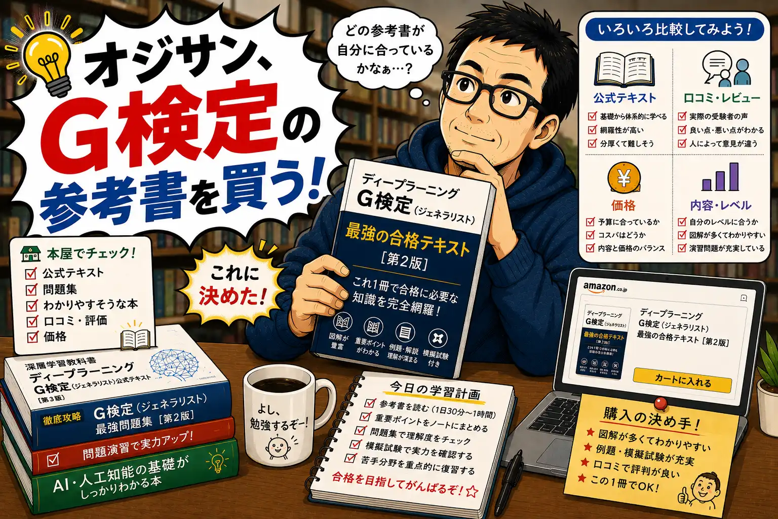 オジサン、G検定の参考書を買うを考えるマンガ風イラスト