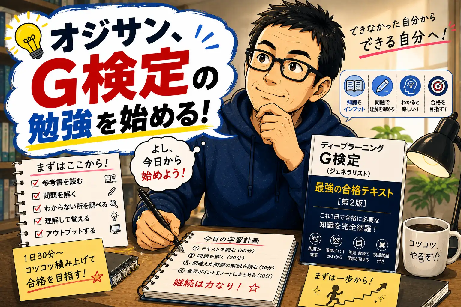 G検定の勉強を始めるオジサンのマンガ風イラスト