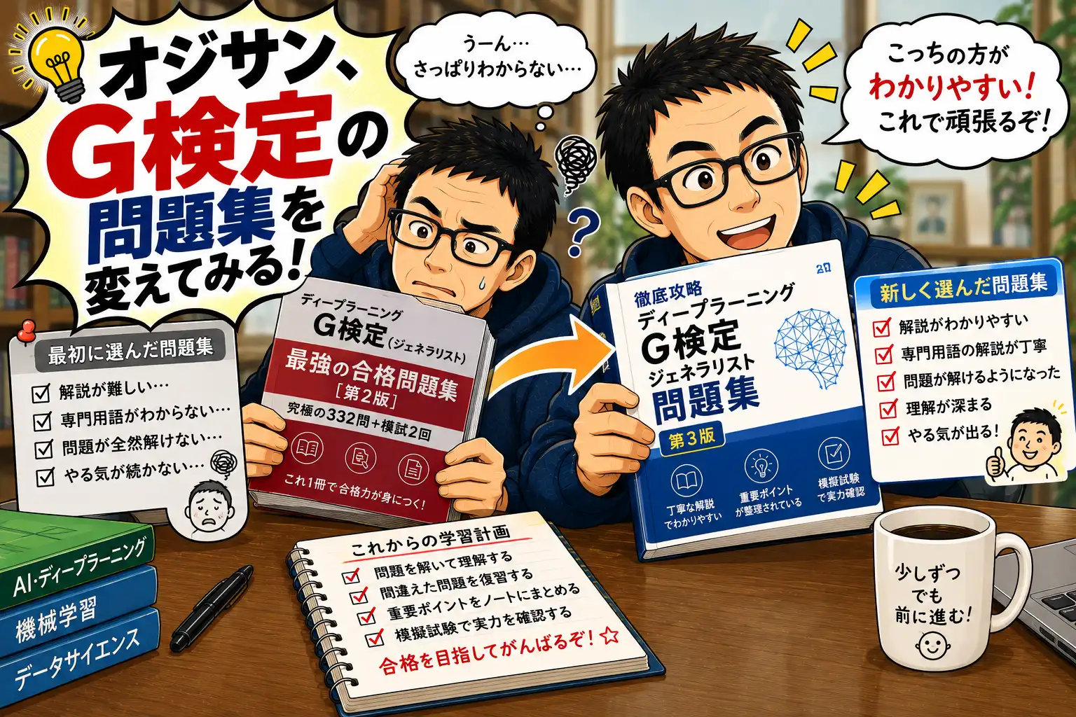 G検定の問題集を変えてみるオジサンのマンガ風イラスト
